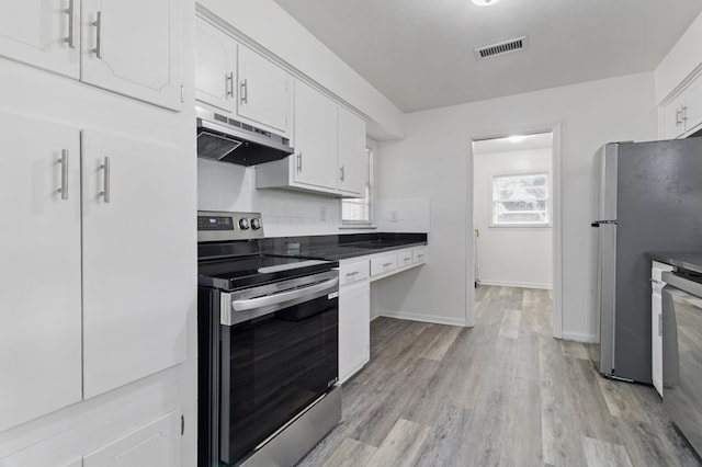 5202 Lakeshore Rd, Columbus, GA 31907 - kitchen featuring appliances with stainless steel finishes, under cabinet range hood, tasteful backsplash, white cabinets, and light wood-type flooring