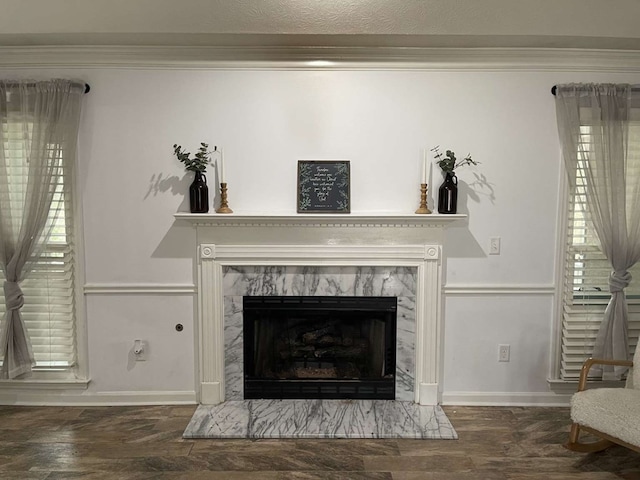 interior details featuring crown molding, wood-type flooring, and a premium fireplace