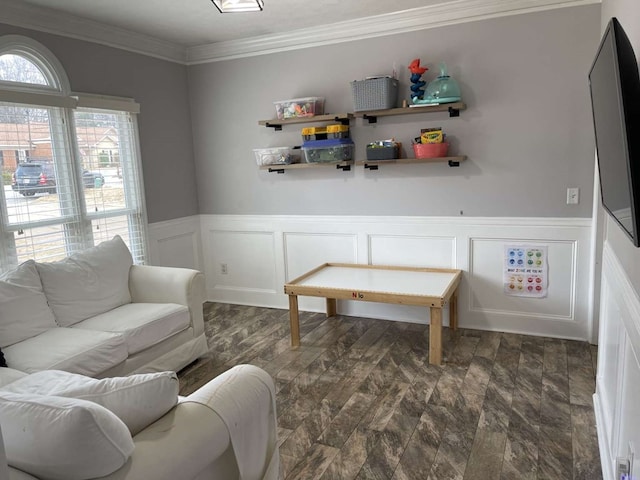 interior space featuring crown molding and dark wood-type flooring