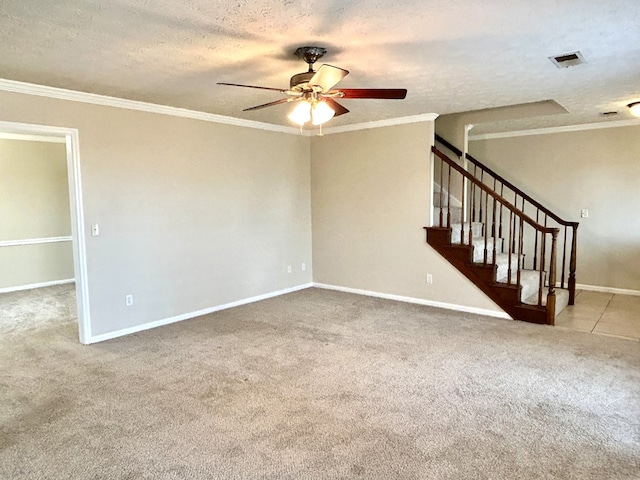 7396 Cedar Creek Loop, Columbus, GA 31904 - spare room with carpet flooring, ceiling fan, crown molding, baseboards, and a textured ceiling