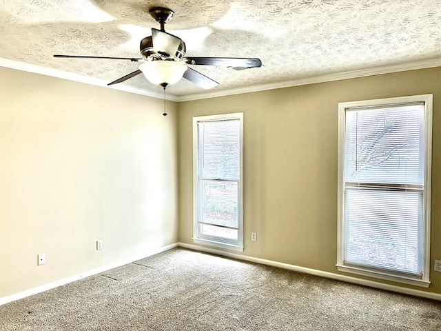 unfurnished room featuring ornamental molding, carpet, ceiling fan, and a textured ceiling