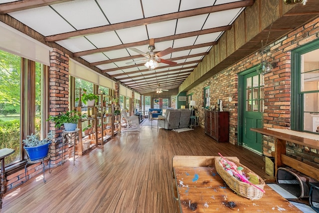 438 Newport Pl, Columbus, GA 31904 - sunroom / solarium featuring brick wall, ceiling fan, wood finished floors, an outdoor hangout area, and a deck
