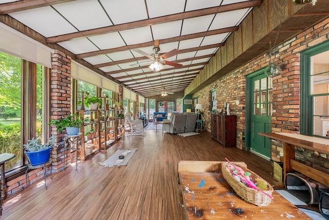438 Newport Pl, Columbus, GA 31904 - sunroom / solarium featuring brick wall, a ceiling fan, wood finished floors, and a deck