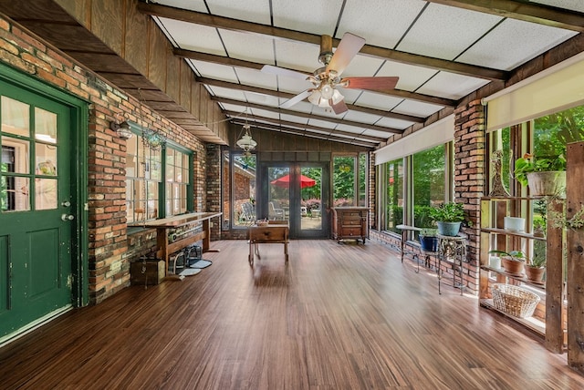 438 Newport Pl, Columbus, GA 31904 - sunroom / solarium featuring wood finished floors, ceiling fan, brick wall, and french doors
