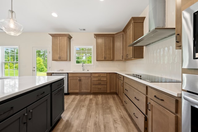 2276 Webbed Way, Opelika, AL 36804 - kitchen with wall chimney exhaust hood, dishwasher, black electric cooktop, light wood finished floors, and light countertops
