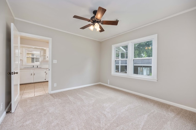 1402 41st St, Columbus, GA 31904 - spare room with light carpet, a ceiling fan, baseboards, crown molding, and a sink
