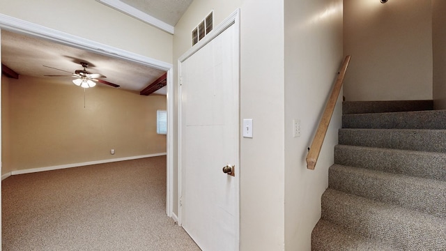 stairs featuring visible vents, baseboards, carpet, beamed ceiling, and a ceiling fan