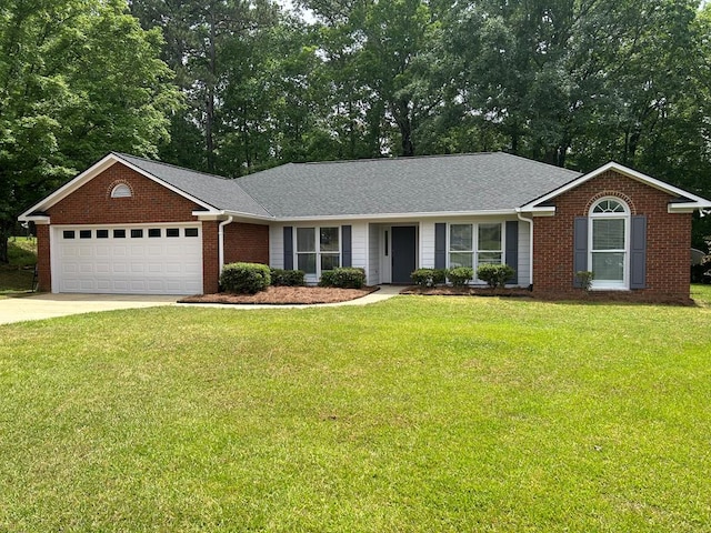 ranch-style home featuring concrete driveway, brick siding, an attached garage, and a front yard