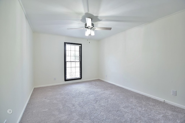 empty room with carpet, baseboards, ceiling fan, and crown molding