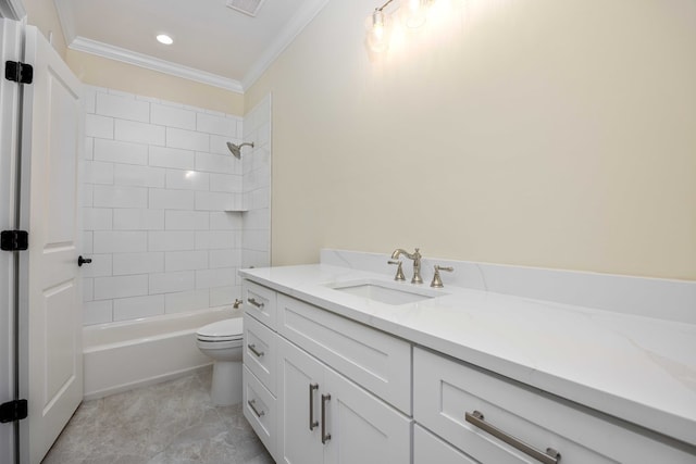 full bathroom featuring tiled shower / bath combo, vanity, toilet, and ornamental molding