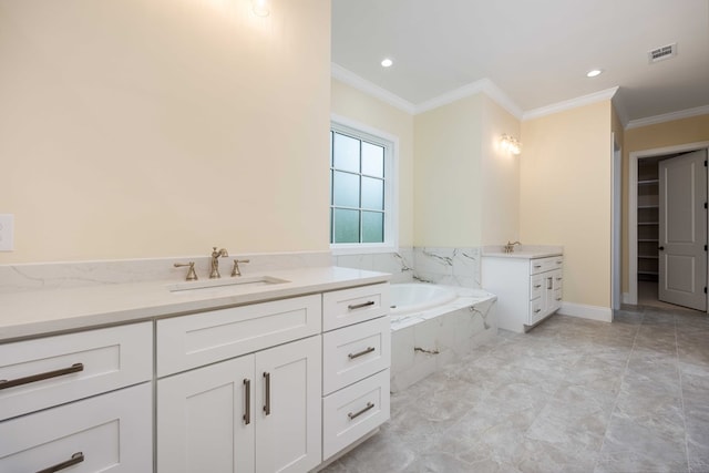 bathroom featuring vanity, crown molding, and a relaxing tiled tub