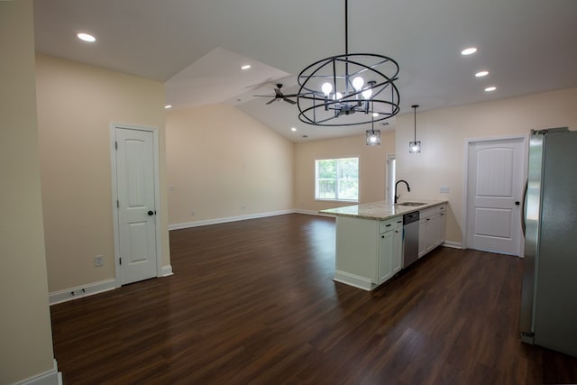 923 Omega Dr, Columbus, GA 31907 - kitchen with stainless steel appliances, a peninsula, dark wood-style floors, light stone counters, and recessed lighting