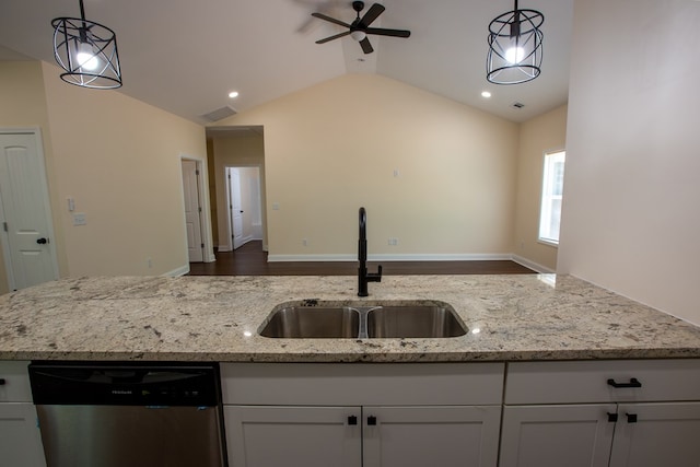 923 Omega Dr, Columbus, GA 31907 - kitchen with stainless steel dishwasher, a ceiling fan, lofted ceiling, white cabinets, and light stone countertops