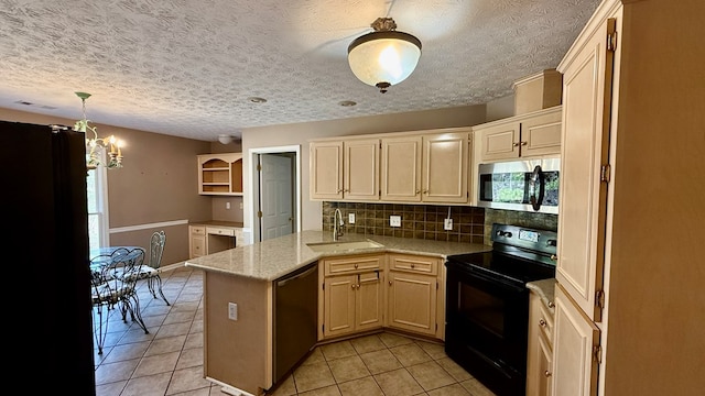 kitchen featuring sink, backsplash, black appliances, light tile patterned flooring, and kitchen peninsula