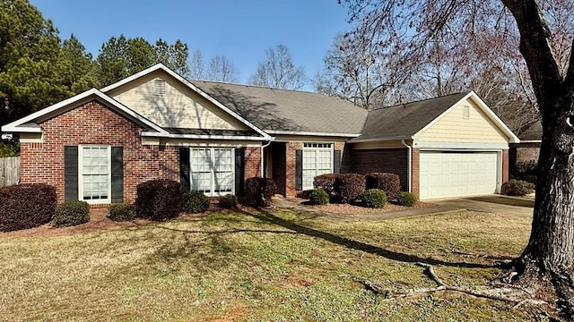 ranch-style home with a garage and a front yard