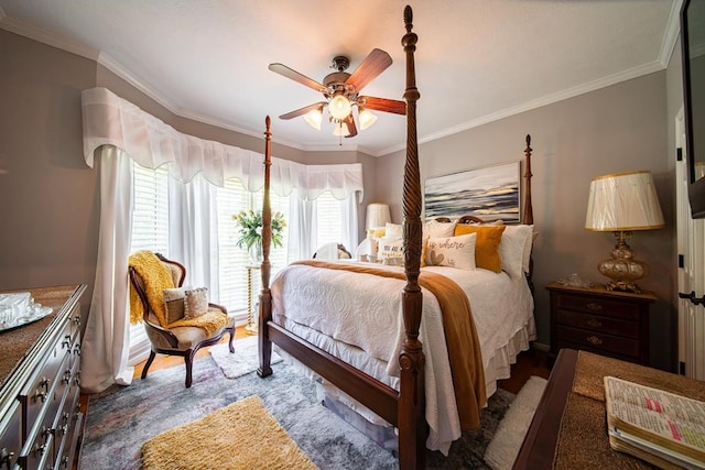 bedroom with ceiling fan and crown molding