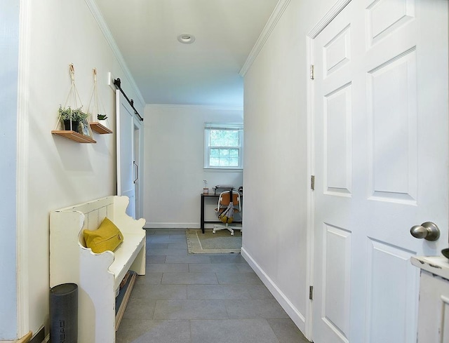 4502 Northwood Ave, Columbus, GA 31907 - hall featuring ornamental molding, a desk, a barn door, and light tile patterned floors