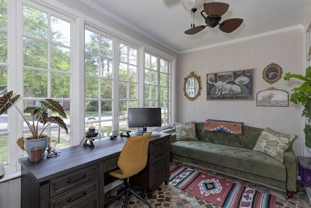 office with ceiling fan and crown molding