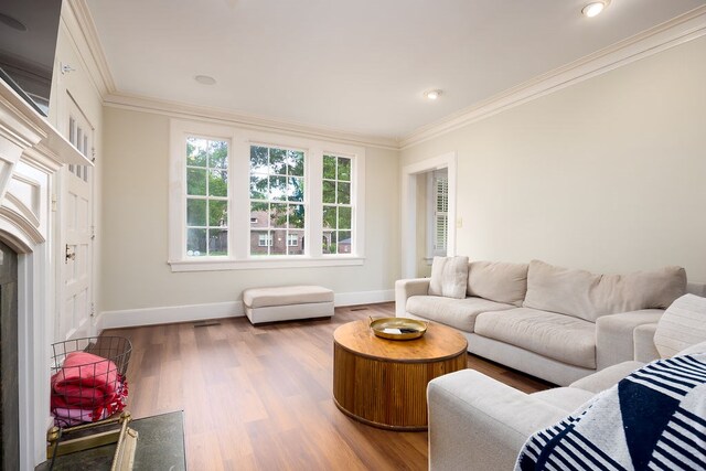 living area featuring baseboards, ornamental molding, wood finished floors, and recessed lighting