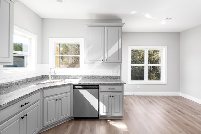 kitchen with gray cabinets, dishwasher, sink, and a wealth of natural light