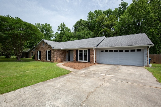 single story home featuring driveway, a garage, brick siding, and a shingled roof