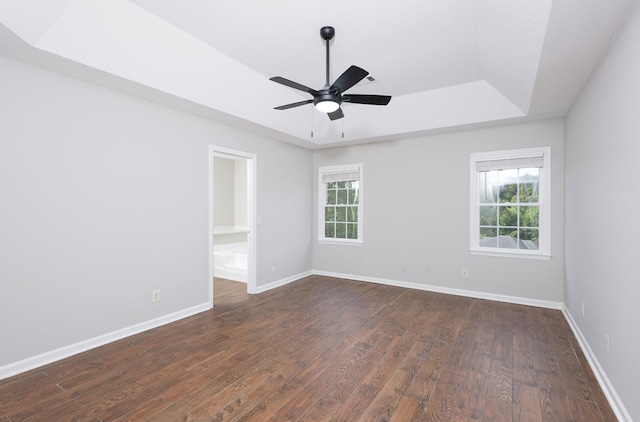 empty room featuring baseboards, plenty of natural light, a raised ceiling, and dark wood-type flooring