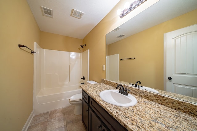 full bath with visible vents, toilet, vanity, and  shower combination