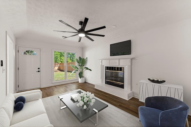 5437 Chatham Woods Ct, Columbus, GA 31907 - living area with wood finished floors, a glass covered fireplace, ceiling fan, and a textured ceiling