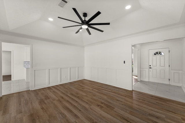 5437 Chatham Woods Ct, Columbus, GA 31907 - unfurnished room with ceiling fan, a decorative wall, recessed lighting, wainscoting, and wood finished floors
