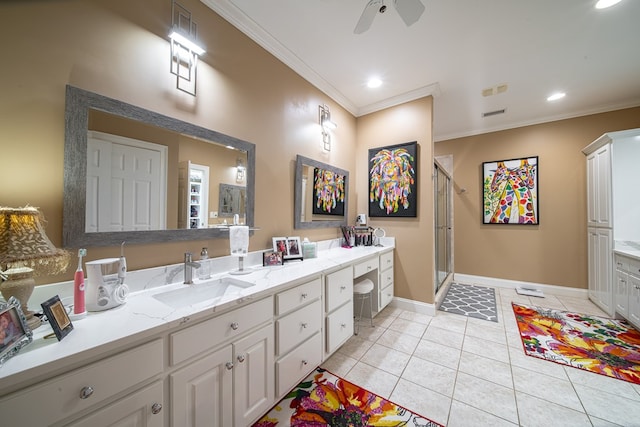 bathroom featuring walk in shower, tile patterned floors, ornamental molding, vanity, and ceiling fan