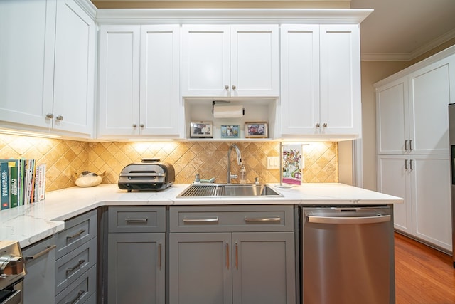 kitchen with white cabinetry, stainless steel dishwasher, sink, and gray cabinetry