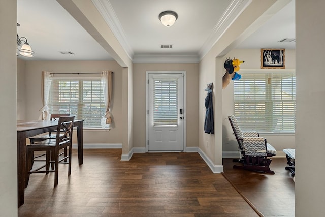 foyer entrance featuring ornamental molding, a healthy amount of sunlight, and dark hardwood / wood-style flooring