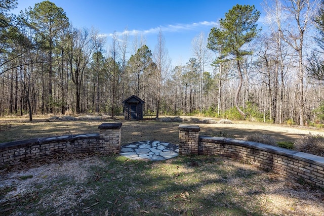 view of yard with a storage shed, an outbuilding, and a view of trees