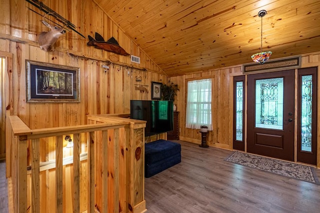 153 N Whatley Rd, Lagrange, GA 30240 - foyer with vaulted ceiling, wooden walls, wood finished floors, and wooden ceiling