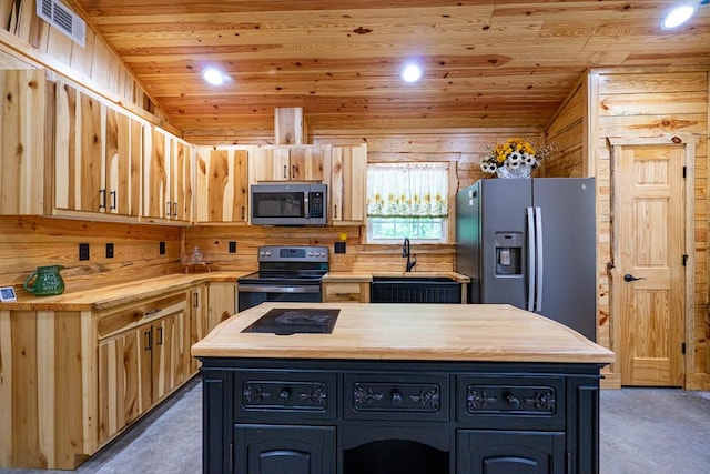 153 N Whatley Rd, Lagrange, GA 30240 - kitchen with stainless steel appliances, wooden counters, wood ceiling, a sink, and light brown cabinets