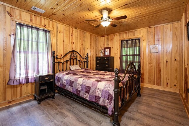 153 N Whatley Rd, Lagrange, GA 30240 - bedroom featuring baseboards, wood finished floors, wooden walls, wooden ceiling, and ceiling fan