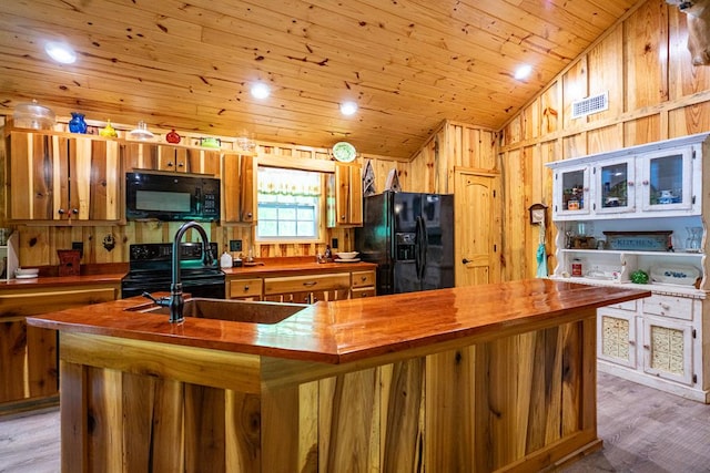 153 N Whatley Rd, Lagrange, GA 30240 - kitchen featuring black appliances, wood counters, vaulted ceiling, wooden ceiling, and light wood-style floors