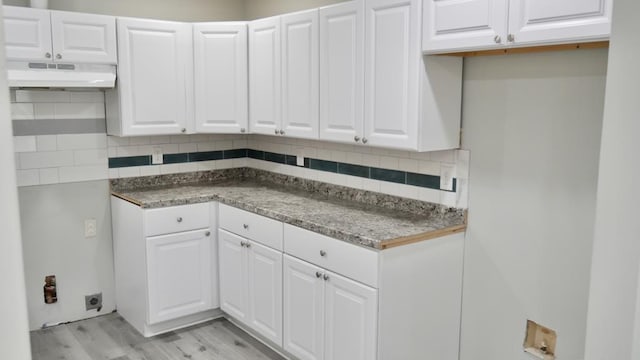 2830 N Lumpkin Rd, Columbus, GA 31903 - kitchen featuring under cabinet range hood, tasteful backsplash, white cabinets, and light wood-style floors