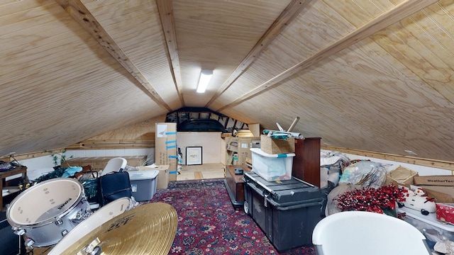 additional living space featuring wood walls, carpet, wooden ceiling, and lofted ceiling
