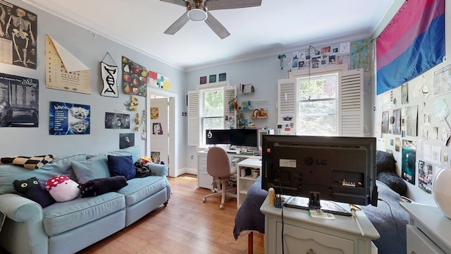 office space featuring a healthy amount of sunlight, ornamental molding, a ceiling fan, and light wood-type flooring