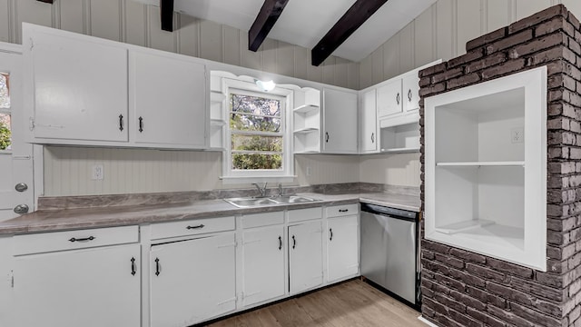 kitchen featuring sink, beamed ceiling, dishwasher, light hardwood / wood-style floors, and white cabinetry