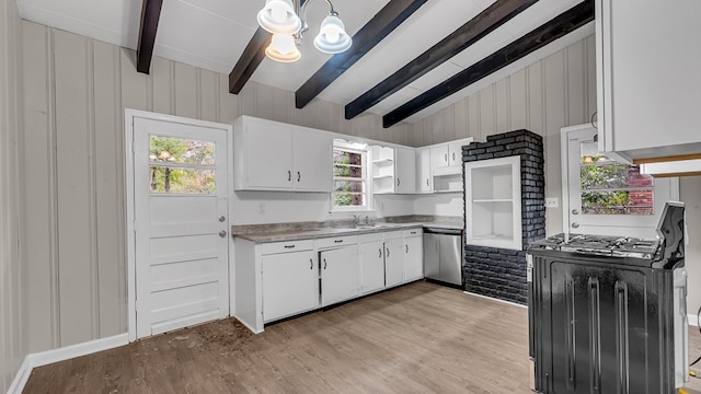 kitchen with pendant lighting, dishwasher, stove, light hardwood / wood-style flooring, and white cabinetry