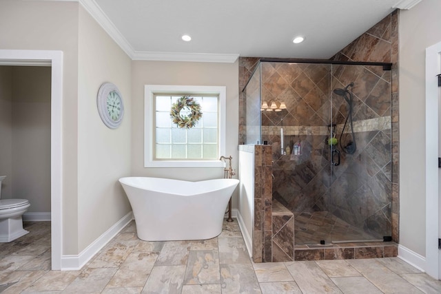 bathroom with toilet, plus walk in shower, and ornamental molding