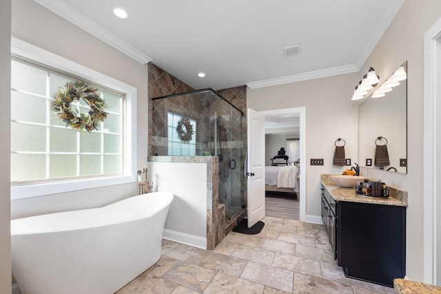 bathroom with vanity, independent shower and bath, and ornamental molding