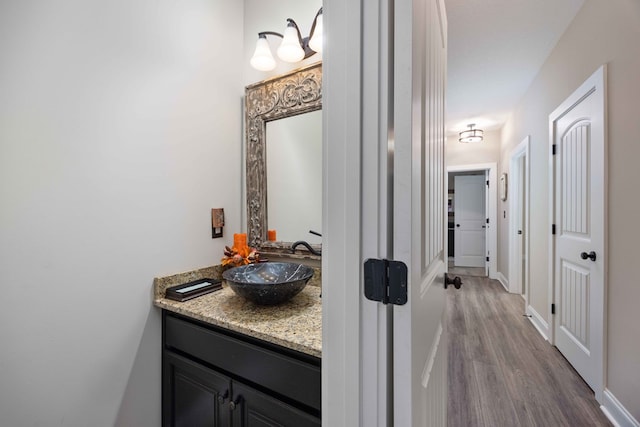 bathroom with hardwood / wood-style floors and vanity