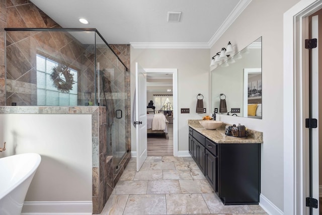 bathroom with vanity, separate shower and tub, and ornamental molding