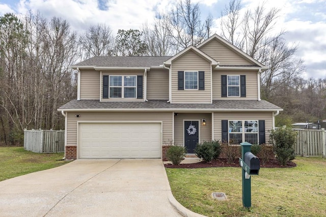 view of front of property with brick siding, concrete driveway, fence, a garage, and a front lawn