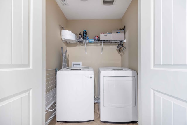 laundry room featuring laundry area, washing machine and dryer, and visible vents