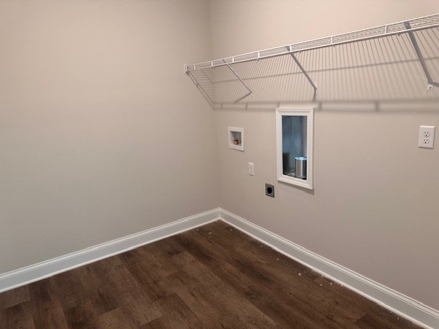 laundry area with baseboards, washer hookup, laundry area, electric dryer hookup, and dark wood-style flooring