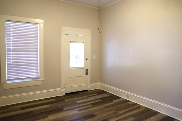 doorway featuring crown molding and dark wood-type flooring